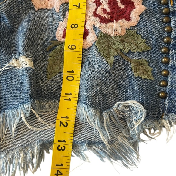 Free People Wild Rose Denim Skirt Women 24 Floral Embroidered Studded Distressed - Picture 4 of 8